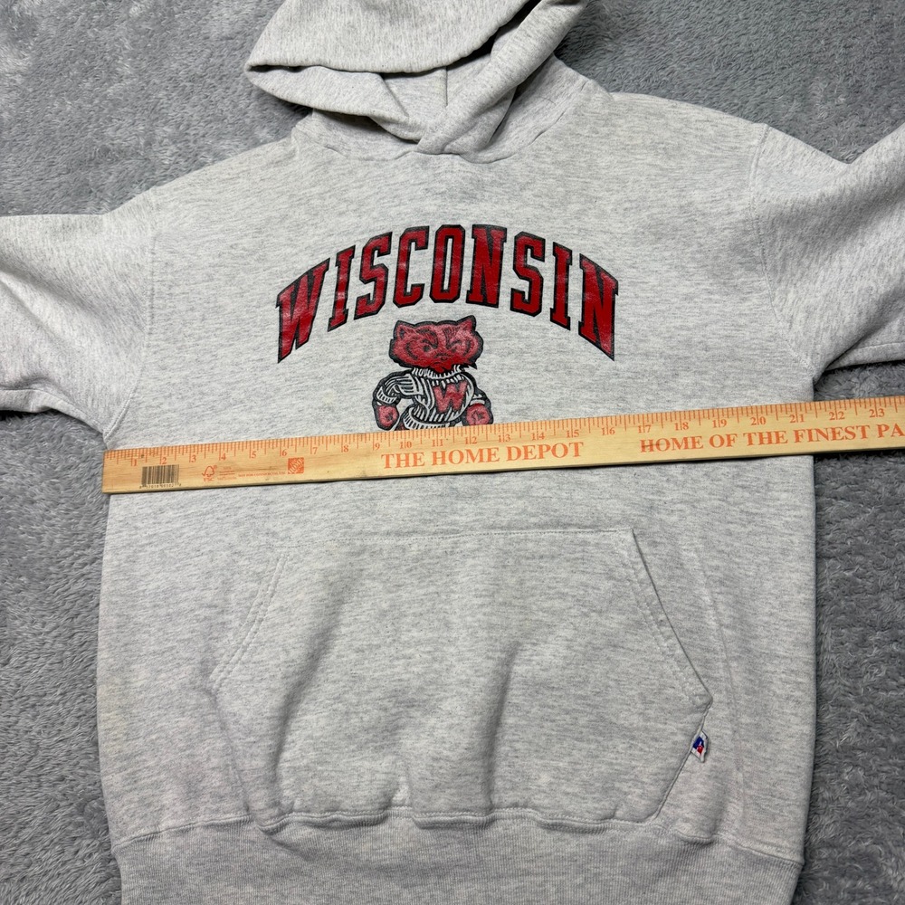 Vintage Wisconsin Badgers Hoodie Mens L Gray Sweatshirt Football Bucky 90s USA - Picture 9 of 12